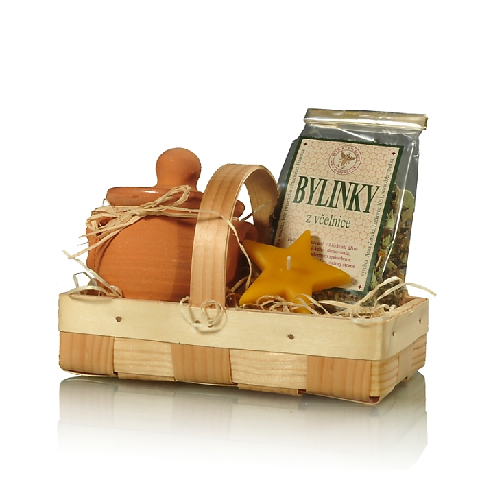 Darčekový košík s medov v keramika a bylinkami.